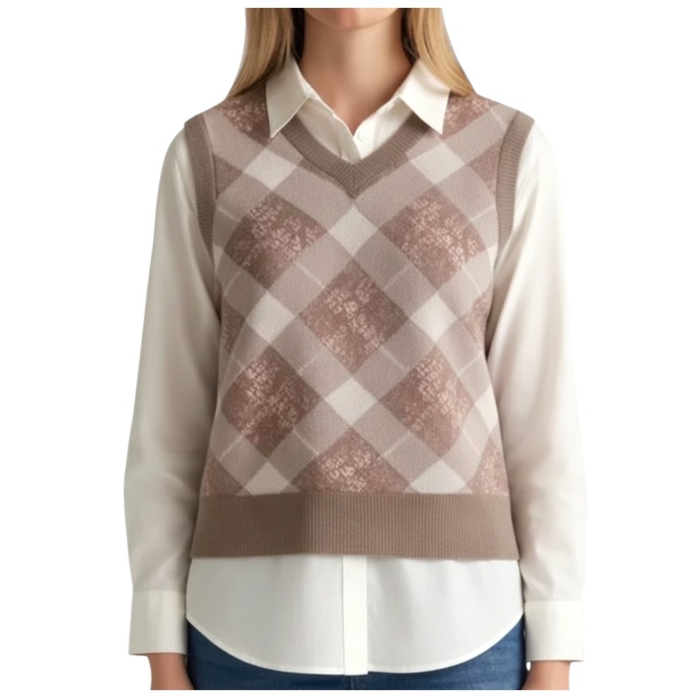 RACHEL ZOE 2fer Top Sweater Vest w/White Shirt BROWN PLAID FLORAL Collar/Cuffs M